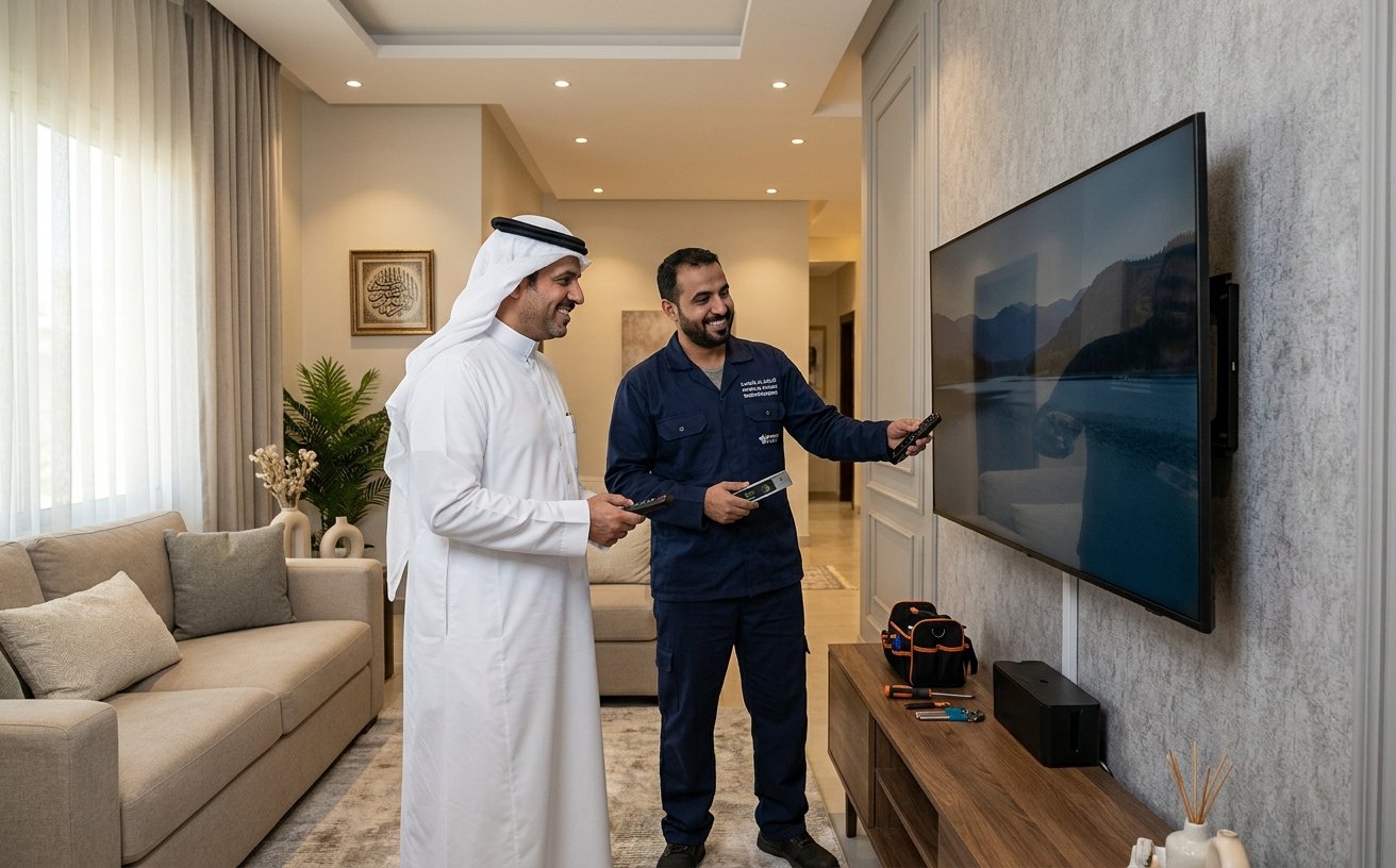فني ستلايت في الرياض وقت الغسق بجوار طبق الدش
