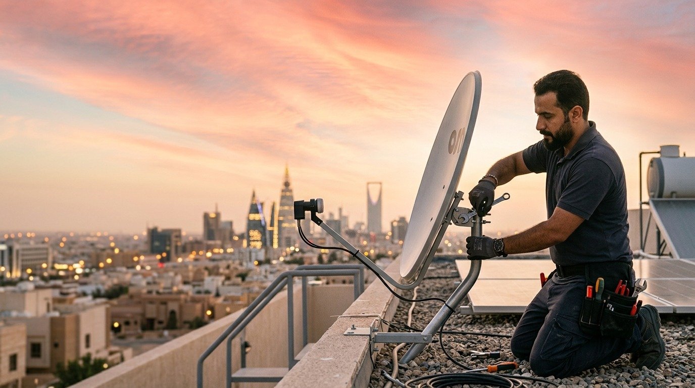 فني ستلايت يضبط طبق الدش على سطح فيلا بالرياض في وقت الغروب